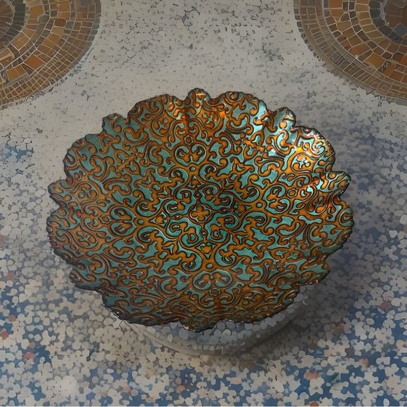 ArdaCam Hand Painted Turquoise & Bronze Glass 12” Round Serving Platter Bowl - Picture 10 of 16